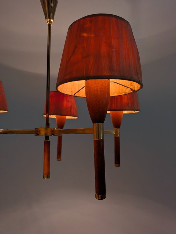 Image 1 of Danish Five-Arm Chandelier in Wood and Brass, 1950s