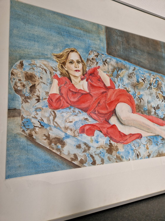 Image 1 of Femme allongée en robe aquarelle portrait sensuel 91 x 71