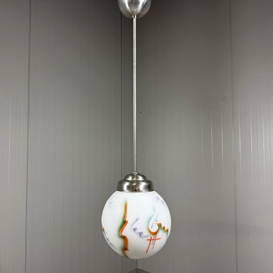 Image 1 of Art-Deco-Pendelleuchte aus Buntglas