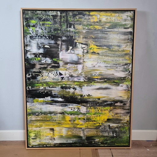 Frances Eckhardt - 70x90 handgeschilderd abstract schilderij modern hedendaags groen geel zwart wit