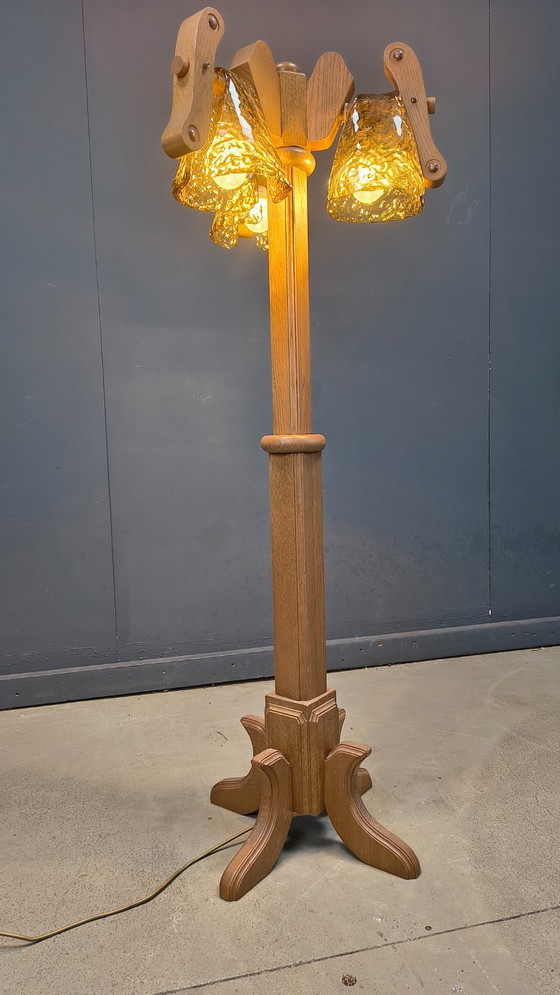 Image 1 of Lampadaire rustique en chêne et verre de Murano, années 1960
