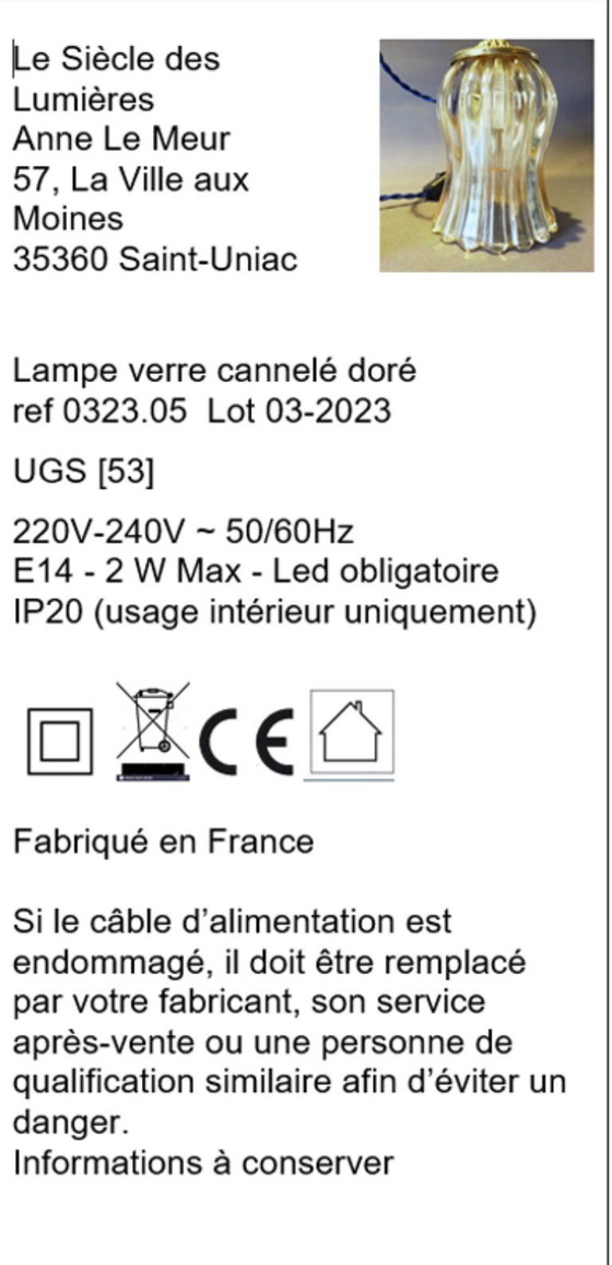 Image 1 of Pair of lamps in fluted gold glass
