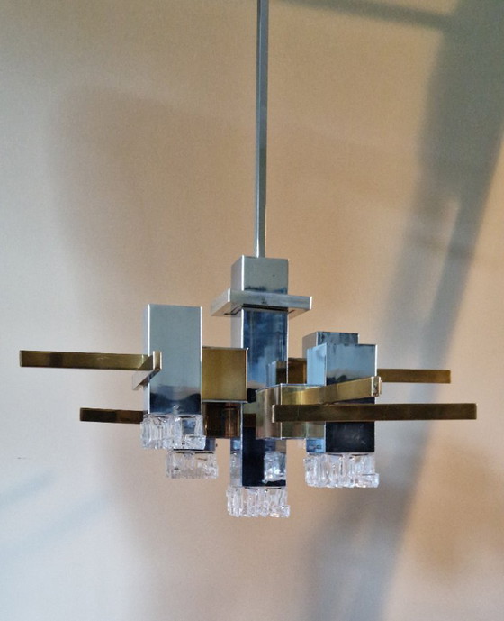 Image 1 of Vintage Italian design chandelier, Cubic, Gaetano Sciolari, chrome, brass, glass, 1970s
