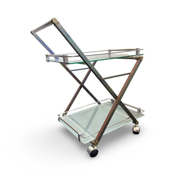Bar cart with glass shelves and metal frame, Peter Ghyczy, Transparent, Vintage (photo 3 of 15)