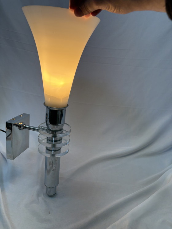 Image 1 of Set van 2 Vintage Art Deco Wandlampen Chroom & Glas Jaren 80