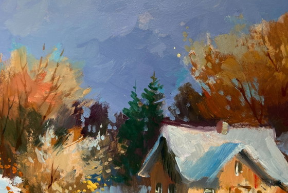Image 1 of Original Oil Painting Winter House Landscape Houses under a blanket of snow