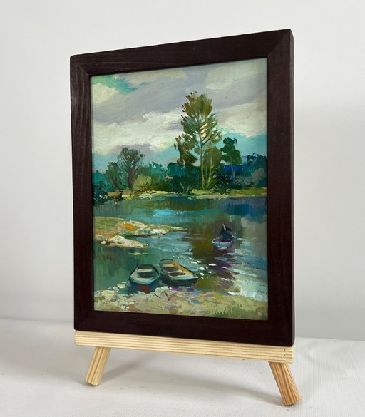 Original Oil Painting Summer River Landscape River in the forest thicket