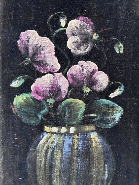 Image 1 of Set vintage original velvet flower oil painting, pair of flower still life art