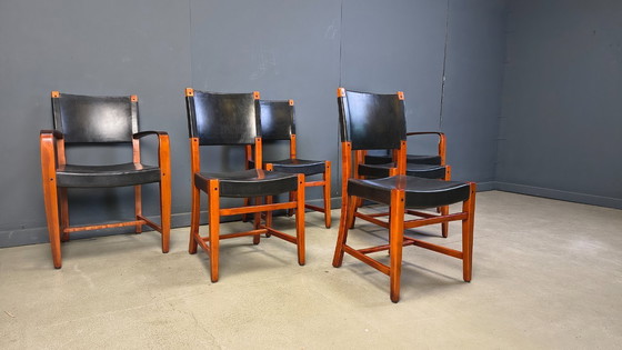 Image 1 of Vintage Spaanse eetkamerstoelen van leer en hout, set van 6 - jaren 70