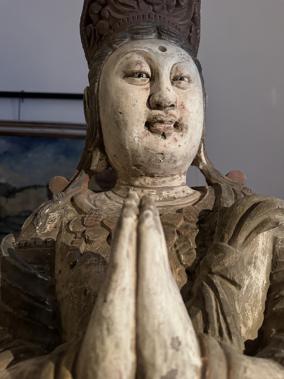 Image 1 of Monumentale, handgeschnitzte chinesische/südostasiatische Tempelstatue aus Holz – Polychromie – 128 cm (Guanyin/Bodhisattva)