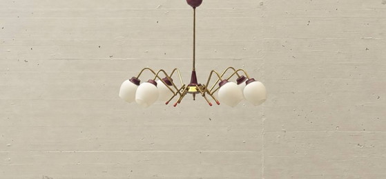 Image 1 of Lámpara de techo Sputnik con marco de latón y cristal opalino, década de 1950.