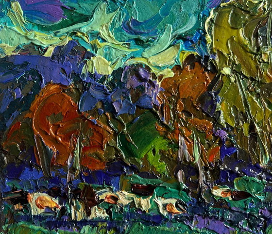 Image 1 of Original Oil Painting Sunset Forest Landscape Evening autumn wind
