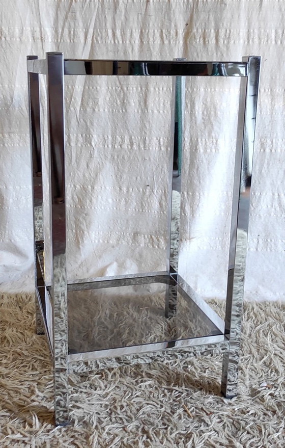 Image 1 of Table D'appoint En Métal Chromé Et Verre Fumé - Années 70/80