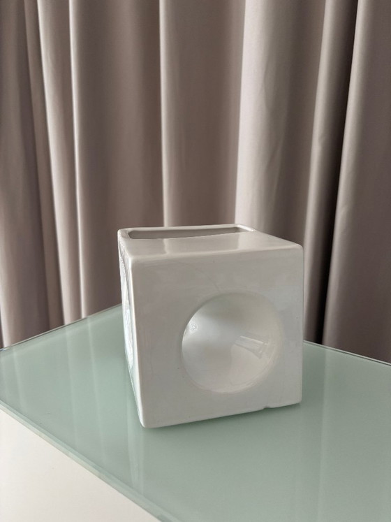 Vintage Minimalist Studio Pottery Cube Vase – White Ceramic (photo 14 of 14)