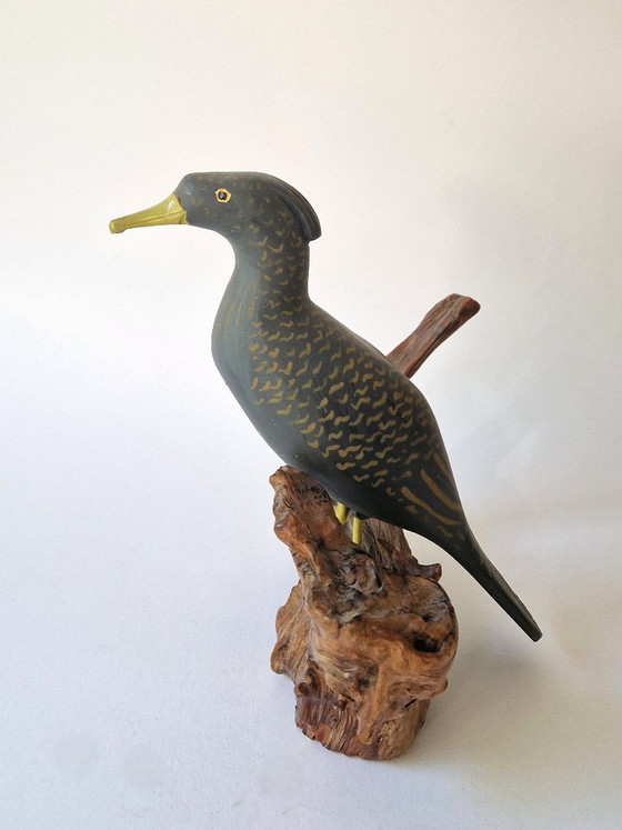 Svante Svensson - Wooden Cormorant Sculpture on Tree Trunk - Signed (photo 4 of 8)