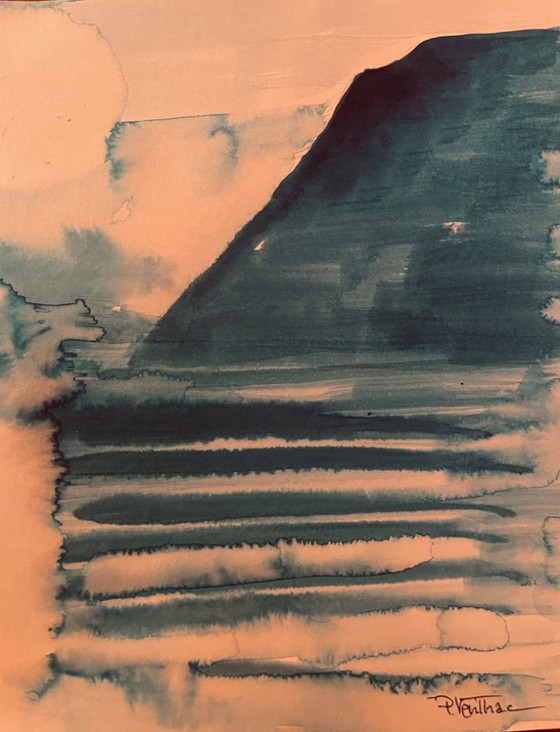 Image 1 of Monochroom blauwe aquarel "zonsondergang boven het meer"