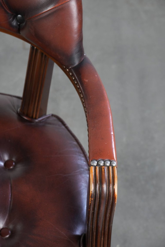 Image 1 of 2 x Donkerbruine rundleren chesterfield eetkamer/ bijzet/ bureaustoel in Engelse stijl