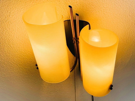 Image 1 of Applique a doppia luce beige e verde di metà secolo moderno con cavo di trazione, anni '70