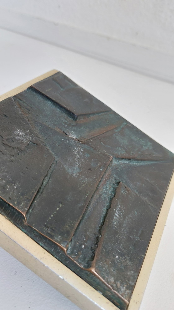 Image 1 of Brutalist bronze plaque on brass-plated aluminum door handle