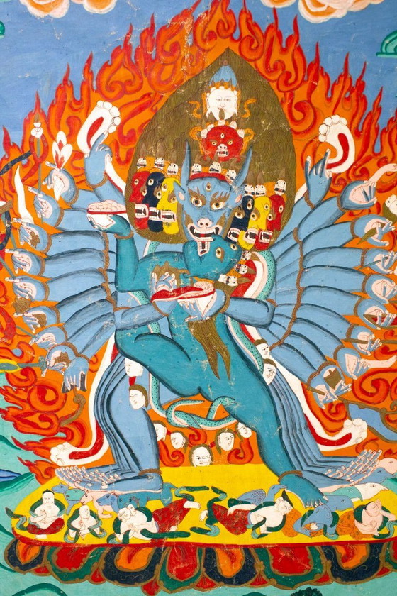 Image 1 of Antique Tibetan Buddhist Thangka/Vajrabhairava Cloth 1800-1900