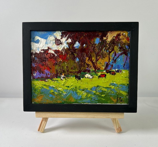 Original Oil Painting Summer Nature Landscape Cows on the meadow