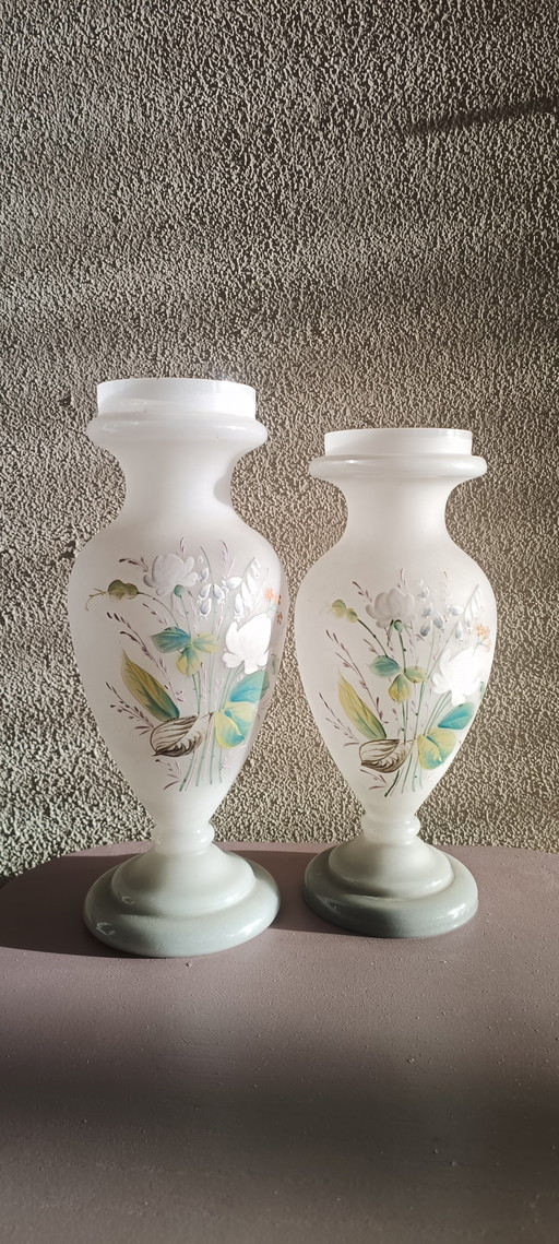 Handgeblazen Opaline Vazen – Frans, Handbeschilderd, Set van 2