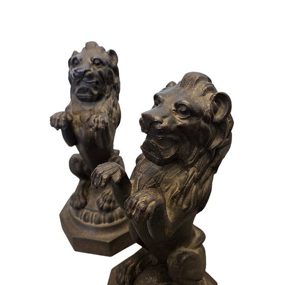 Image 1 of Victorian cast-iron lions on pedestals, late 19th century