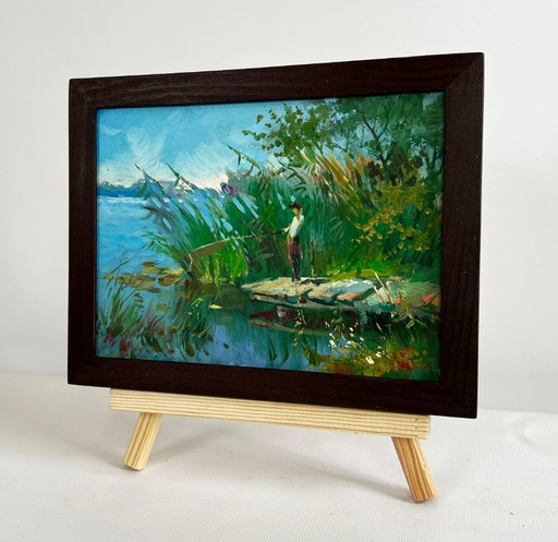 Original Oil Painting Coastal River Landscape Good fishing catch