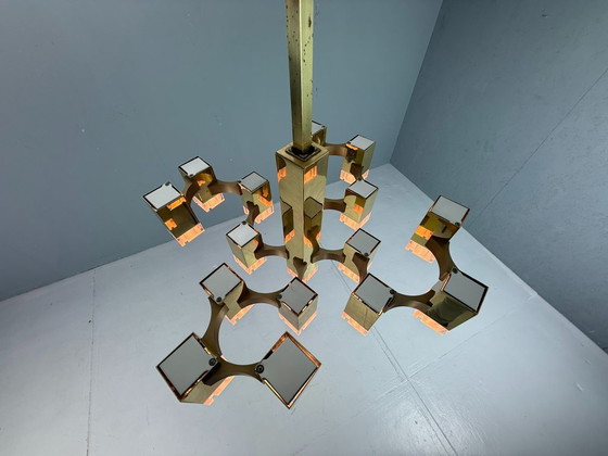 Image 1 of Lustre cubique Sciolari en laiton, édition rare, 17 lumières, Italie des années 1970