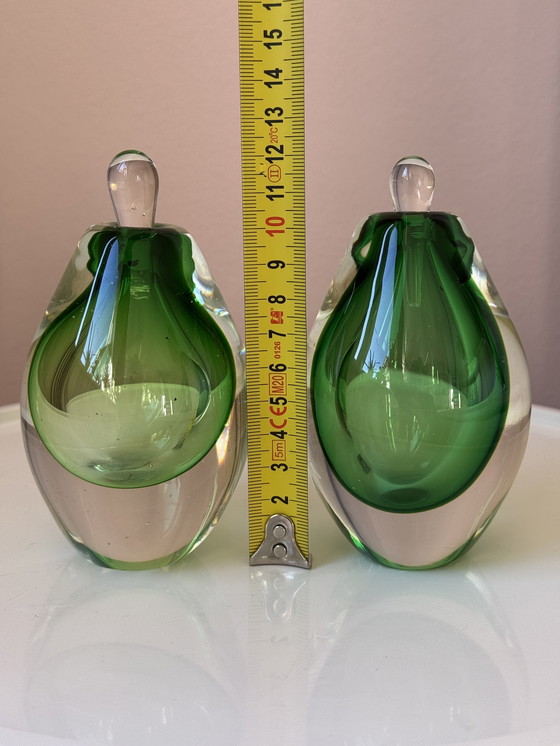 Image 1 of Set di bottiglie di profumo in vetro vintage, a forma di pera/goccia, verde – design scultoreo