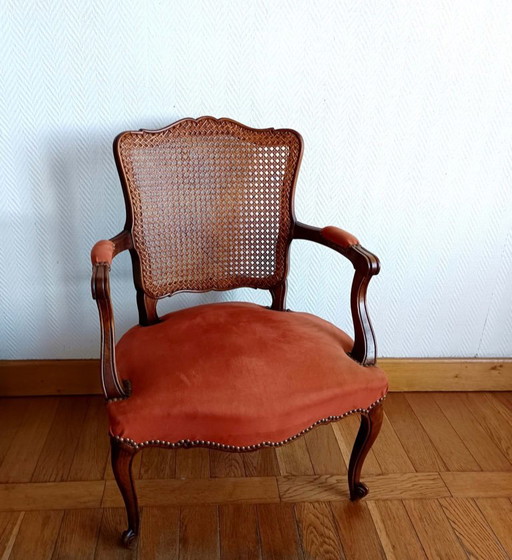 Fauteuil louis XV terracotta et cannage