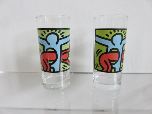 2 Keith Haring glazen, reclame voor Quick, 1990, Vintage Decoratie