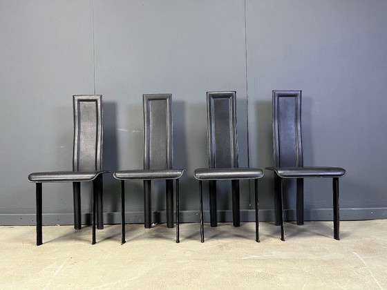 Image 1 of Chaises de salle à manger vintage en cuir noir, lot de 4, années 1980