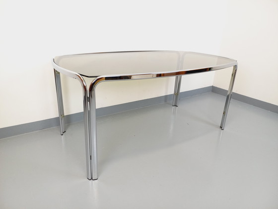 Image 1 of Incurved Rectangular Dining Table in Smoked Glass and Chrome Metal 70's Space Age Style