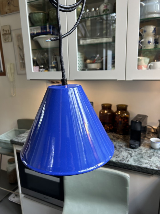 Vintage Blue Metal/Enamel Pendant Lamp – Textile (photo 5 of 5)
