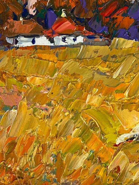 Image 1 of Peinture à l'huile originale, paysage rural, oies, vie à la campagne, promenade d'automne dans le village