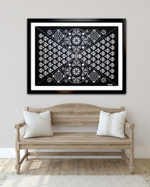 Originale geometrische Tuschezeichnung – Schwarz-Weiß | Gerahmt und signiert