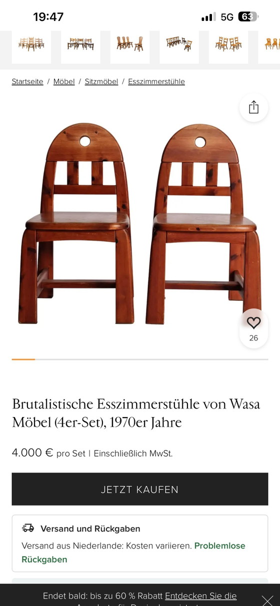 Image 1 of 5 Wasa Furniture eetkamerstoelen | Brutalistische designklassiekers | Scandinavische massief houten stoelen uit de jaren 70
