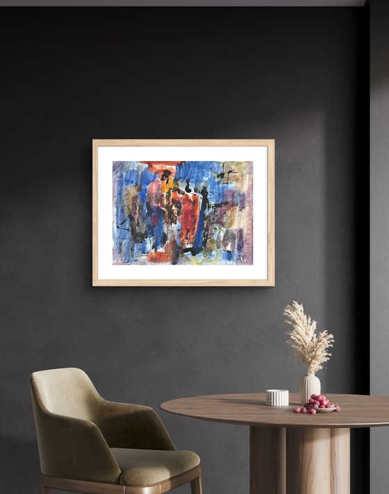 Image 1 of Prachtig abstract schilderij uit 1975 - René Mels, groot Belgisch kunstenaar - Ingelijst