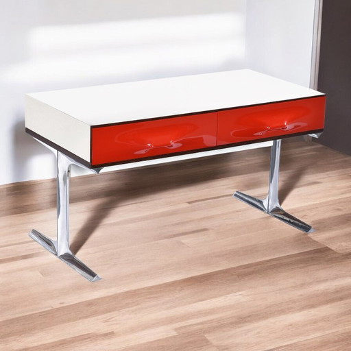 Console TV stéréo à tiroir en plastique rouge chromé Raymond Loewy DF-2000