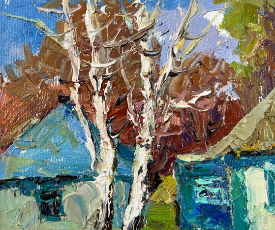 Image 1 of Original Oil Painting Day Village Landscape Whispers of spring