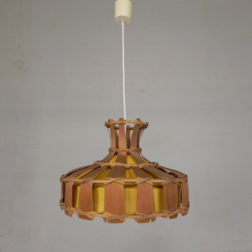 Lampada a sospensione vintage con paralume in rattan, foglia di palma e tessuto, anni '70