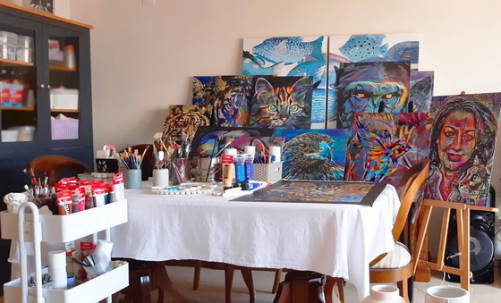 Image 1 of Léa ROCHE - Mara and her cats - Artist's lithograph