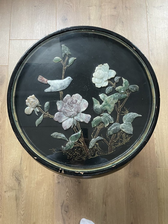 Image 1 of Antique Chinese Side Table – Handmade – Jade, Mother of Pearl & Gold Painting – Jinlong Beijing