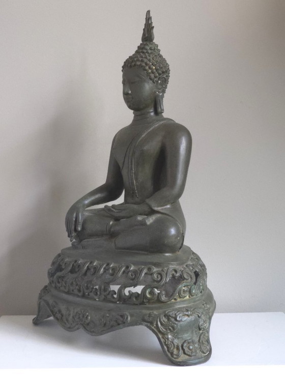 Antieke Bronzen Thaise Sukhothai Boeddha Akshobhya (47 cm) – Beeldhouwkunst (photo 8 of 14)