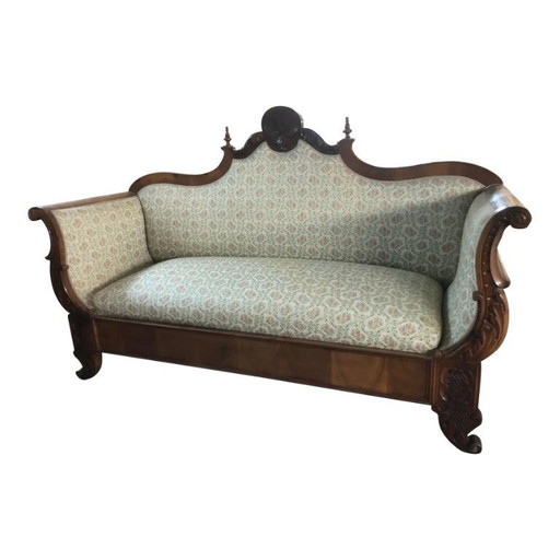 Canapé ancien en noyer massif sculpté à la main, début du XIXe siècle