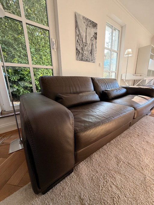 Canapé + pouf design cuir Roche Bobois « Chocolat », 3-4 places