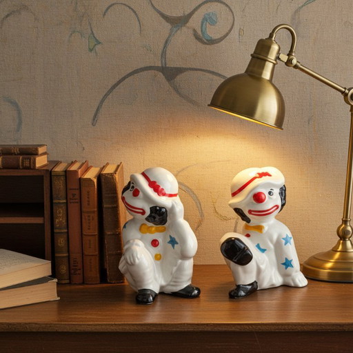 Coppia di fermalibri vintage in ceramica raffiguranti clown