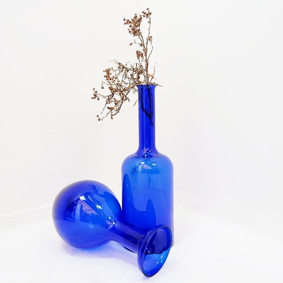 Image 1 of Pair of hand-blown cobalt blue glass vases or carafes, dating from the 1960s.