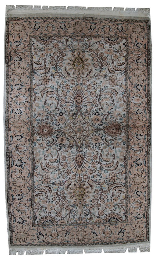 Handgemaakt vintage zijden Indo-Tabriz tapijt 3.2' x 5.3' (100cm x 162cm) jaren 1950 - 1C469